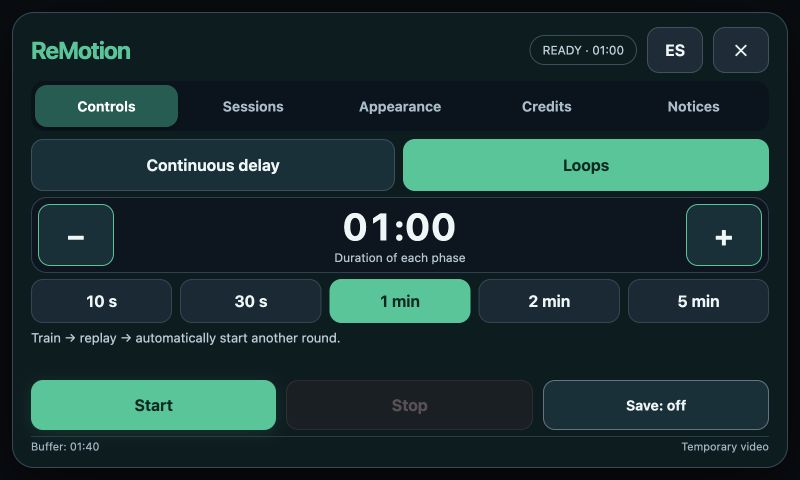 VideoLoopCam touch controls: timing and training mode