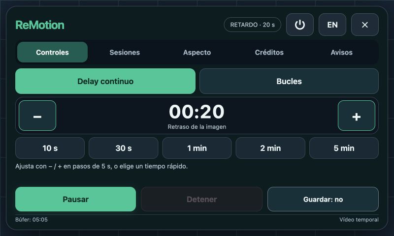 Controles táctiles de VideoLoopCam: ajuste de tiempo y modo de entrenamiento
